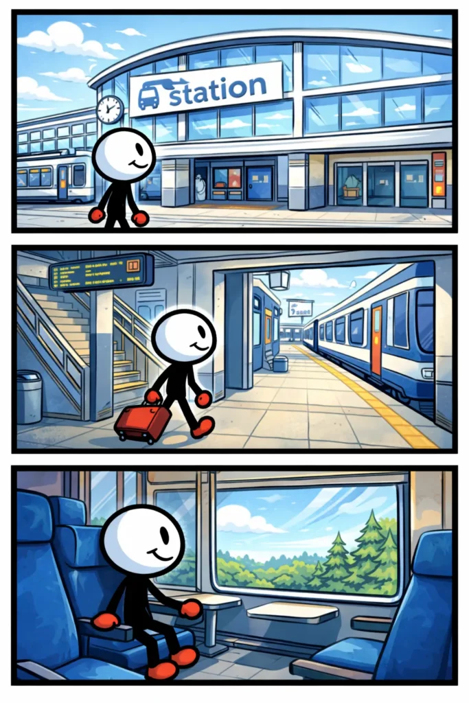 Stripafbeelding van een stickman bij een Station, eerst buiten kijkend naar het gebouw, daarna binnen in de stationshal en tenslotte op het perron bij een trein.