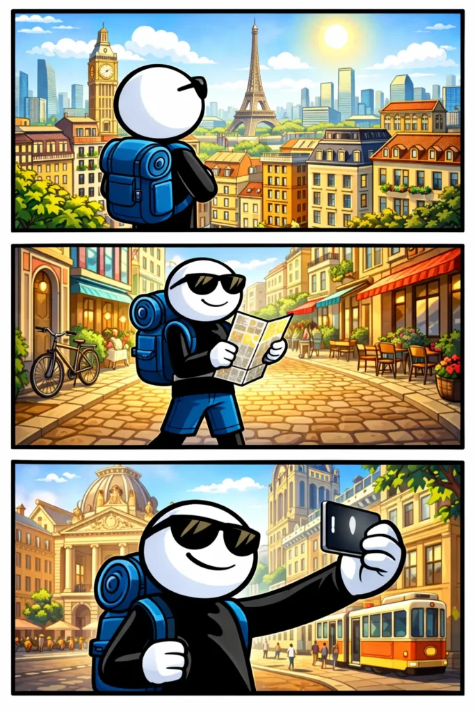 Toonwords-stripafbeelding van Stedentrip met een stickman die in drie panelen een stad verkent, door straten loopt en stedelijke highlights beleeft.