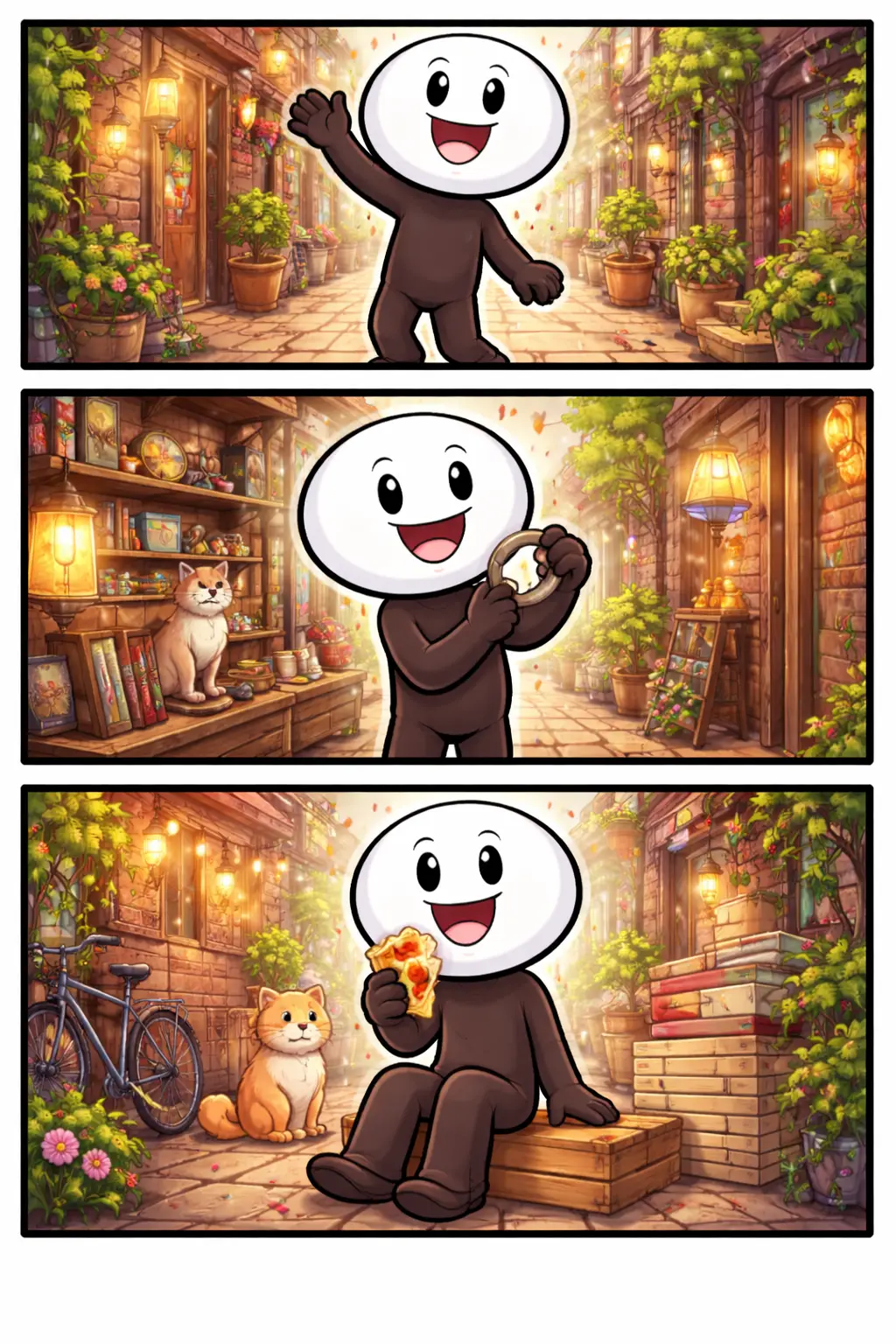 Stickman loopt door een smalle steeg tussen gebouwen in drie opeenvolgende panelen in Toonwords-stijl.