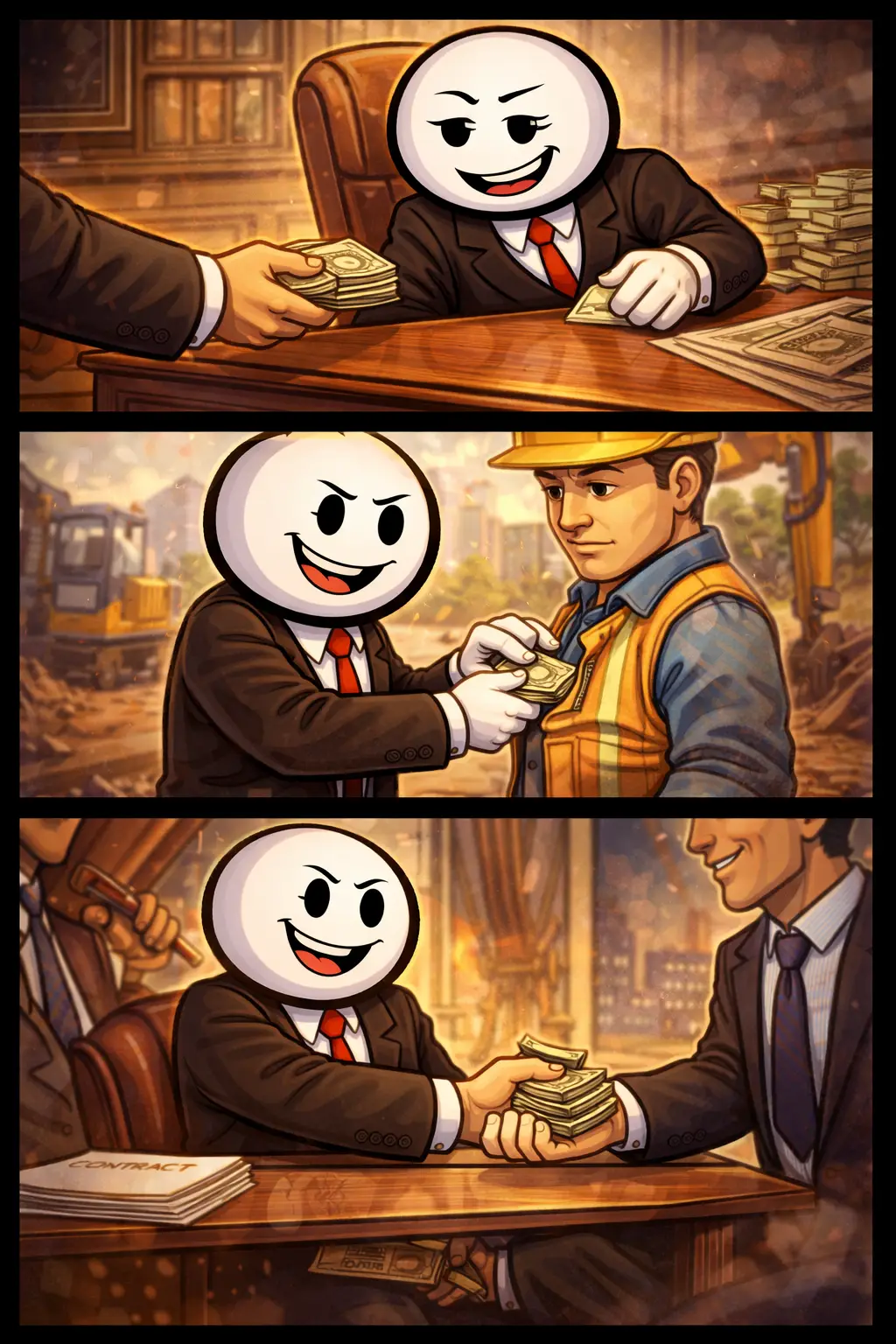 Stickman in Toonwords-stijl die in drie scènes laat zien hoe steekpenningen heimelijk worden uitgewisseld.