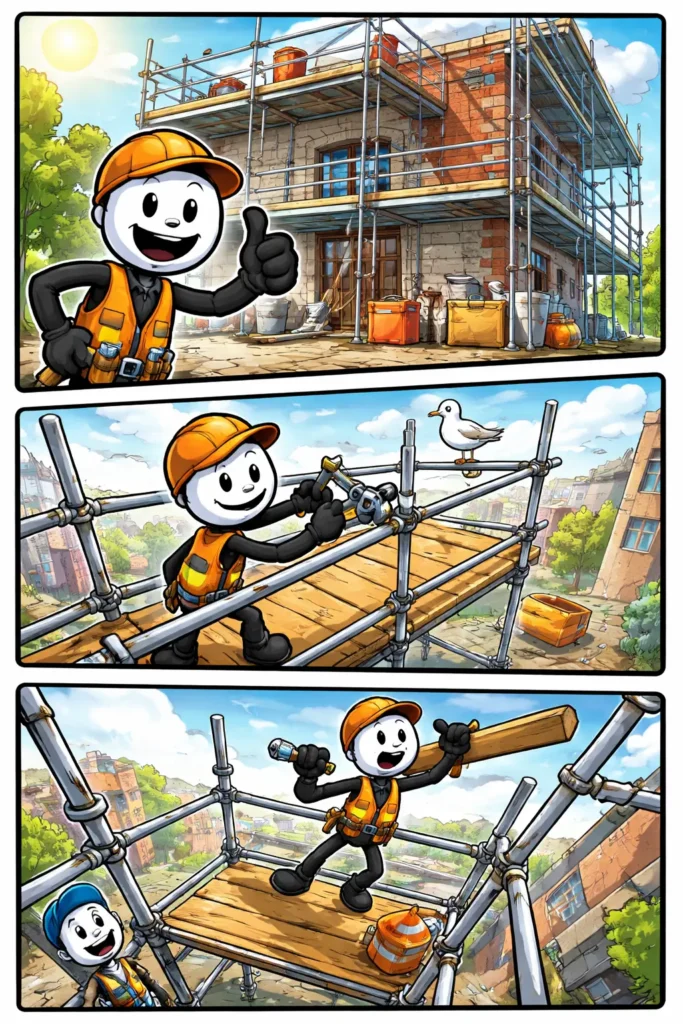 Stripafbeelding in Toonwords-stijl van een stickman op een bouwsteiger, gezien vanuit verschillende camerastandpunten, bij het woord Steiger.