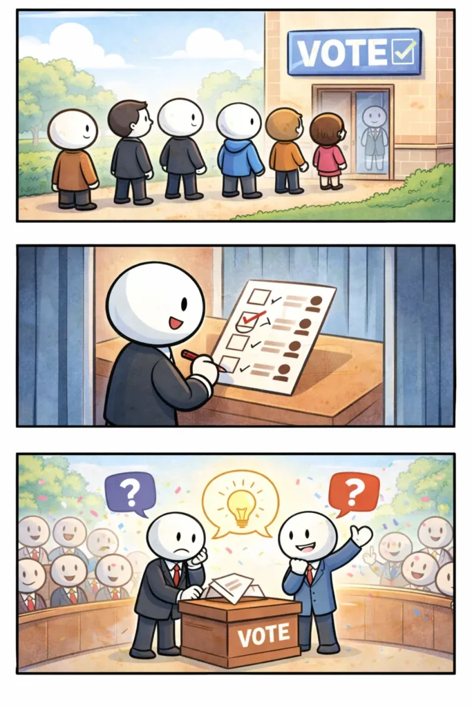 Driepanelige stripafbeelding met stickman in Toonwords-stijl over Stemrecht, waarin mensen stemmen en hun democratisch recht gebruiken.