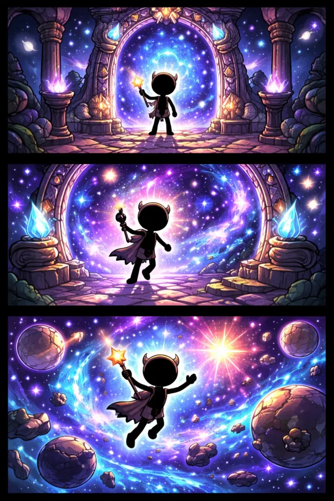 Stripafbeelding van een stickman die door een gloeiend Sterrenportaal stapt met sterren en planeten op de achtergrond.