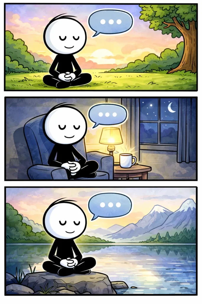 Stripafbeelding met drie panelen van een stickman in Toonwords-stijl die stilte verbeeldt door rust, pauze en aandacht, zonder tekst.