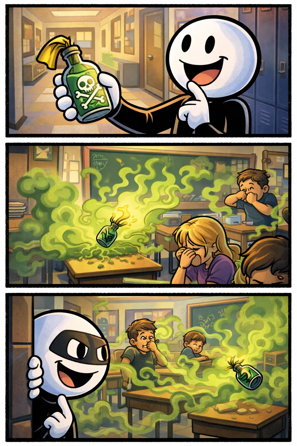 Stickman die in drie scènes een stinkbom gebruikt en een groene wolk ziet ontstaan, passend bij het woord stinkbom.