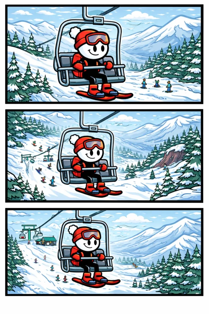 Stickman in Toonwords-stijl die in een stoeltjeslift zit boven een besneeuwd skigebied, verdeeld over drie panelen.