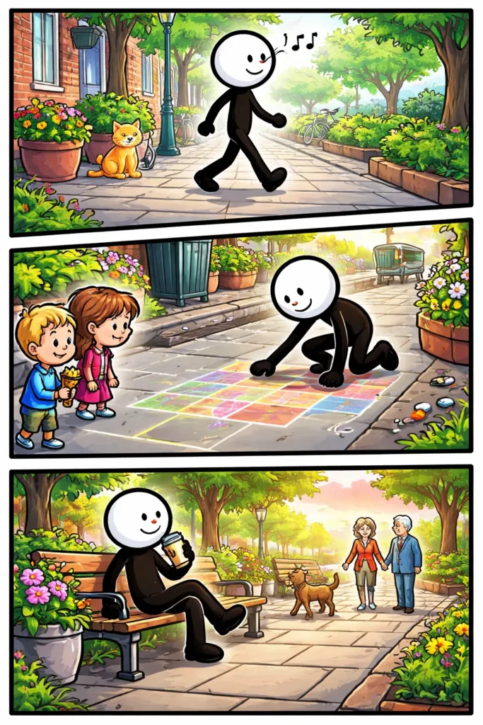Toonwords-illustratie van een stickman die op de stoep langs de straat loopt.