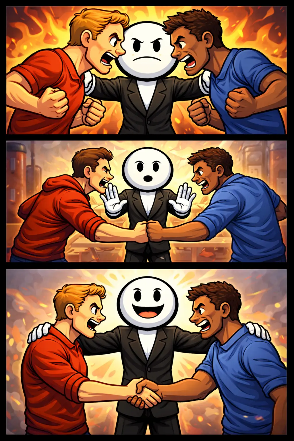 Stickman in Toonwords-stijl die drie scènes toont waarin haantjesgedrag wordt gestopt en omgezet in rust.