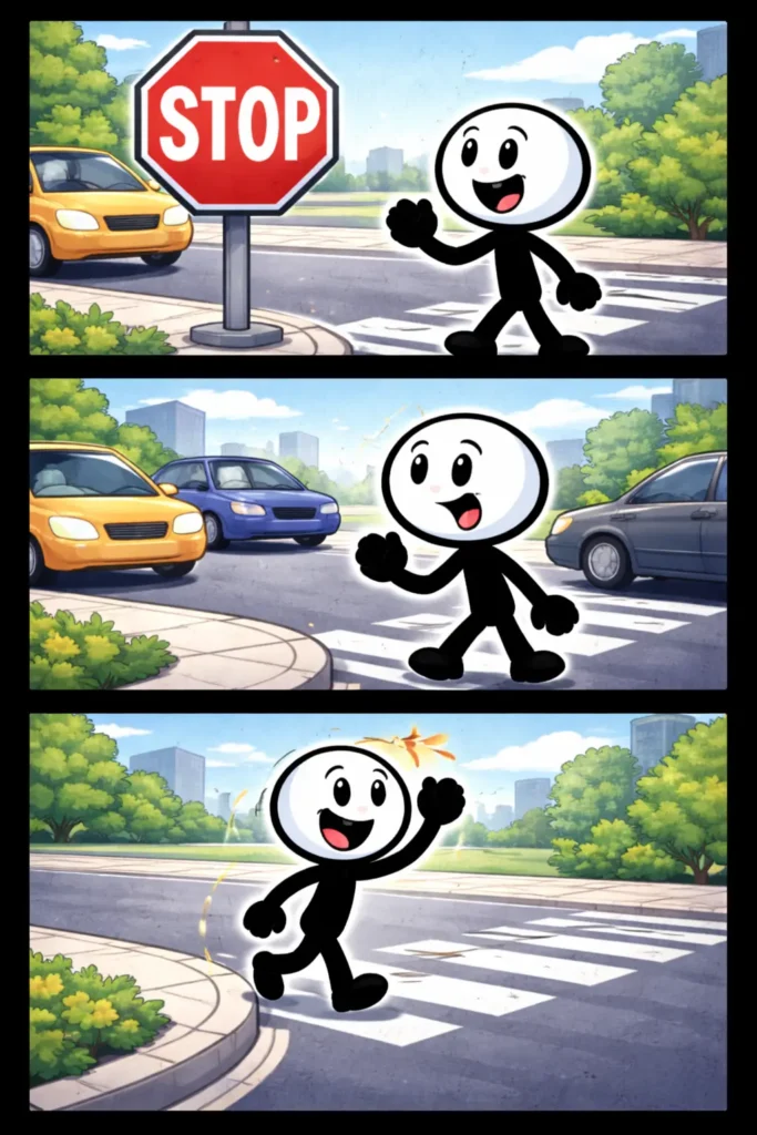 Toonwords-strip met een stickman die stilstaat bij een rood stopbord met het woord Stopbord.