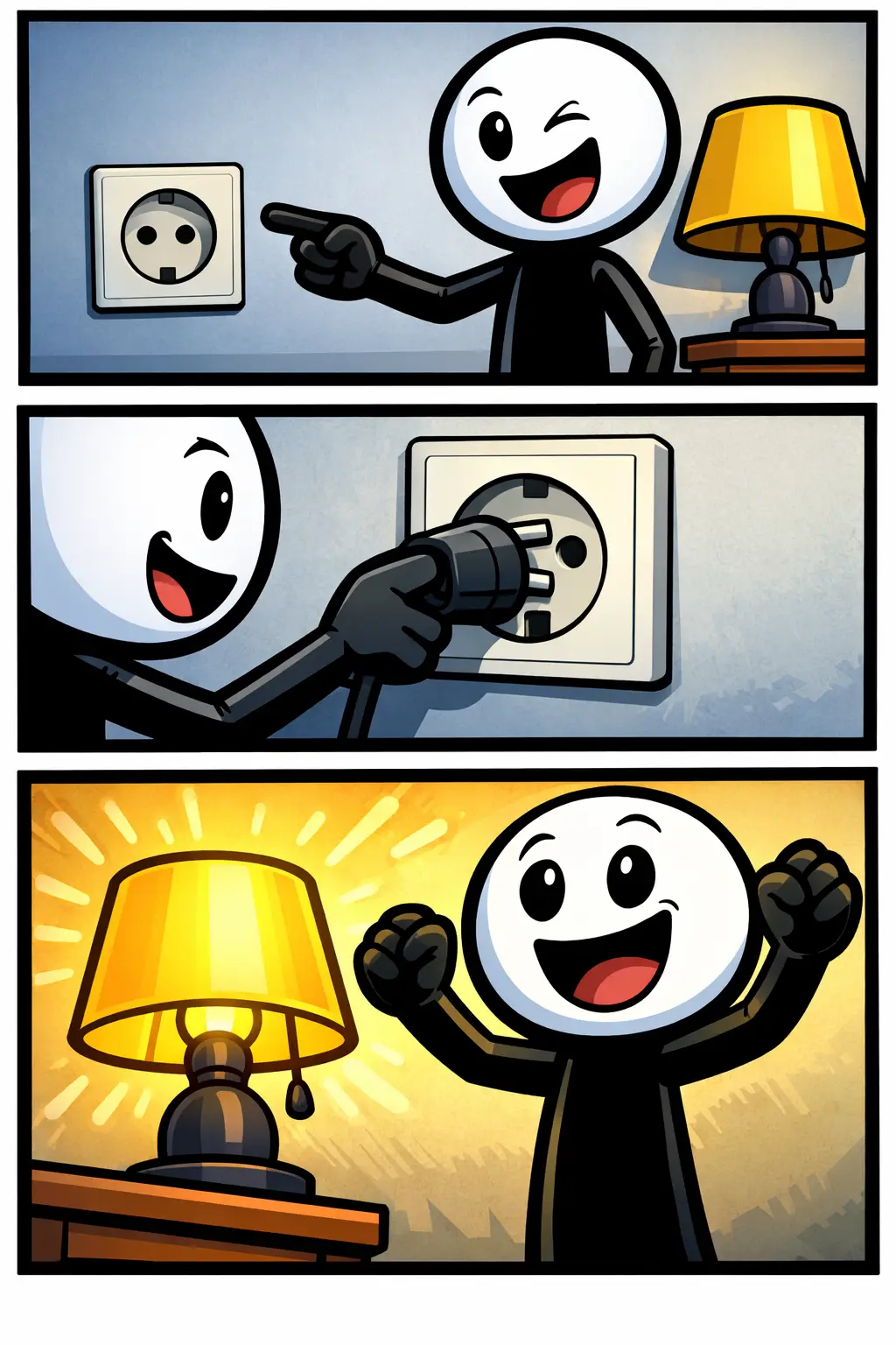 stickman steekt stekker in stopcontact en lamp gaat branden bij het stopcontact