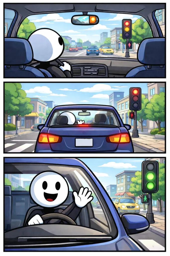 Illustratie van een stoplicht met auto en stickman, het woord Stoplicht staat centraal in een stedelijke straat.