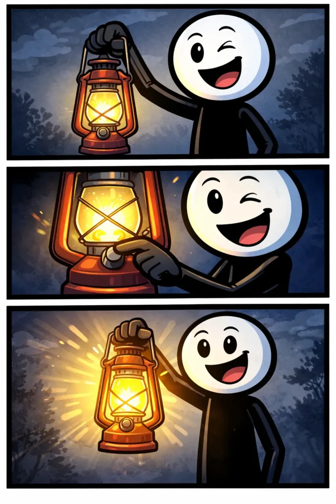 stickman houdt brandende stormlamp omhoog in donkere omgeving voor het woord stormlamp