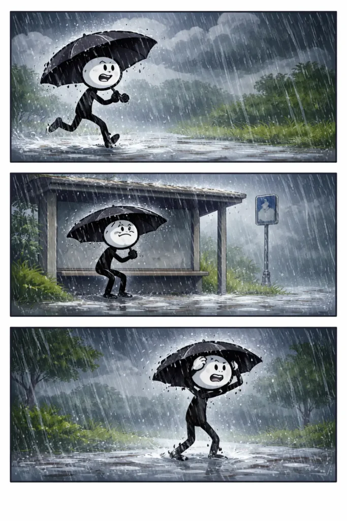 Drie panelen stripillustratie in Toonwords-stijl van een stickman die verrast wordt door een hevige stortbui met dikke regendruppels.