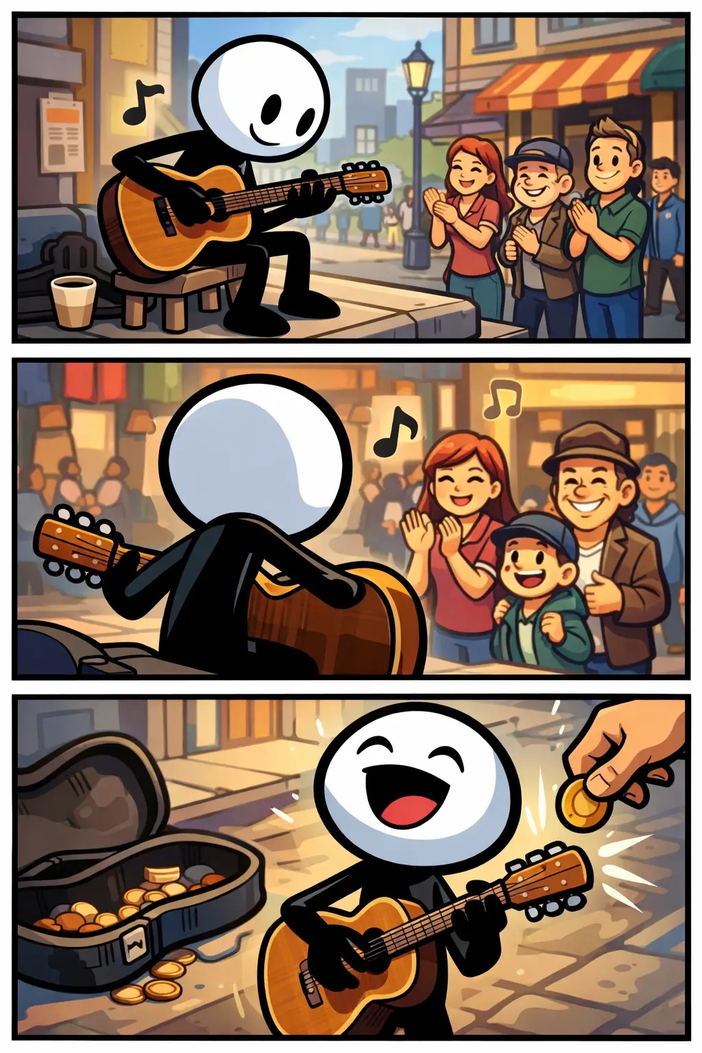 Stripafbeelding van een stickman als straatmuzikant met witte kop en zwart lichaam die muziek maakt op straat in drie panelen.