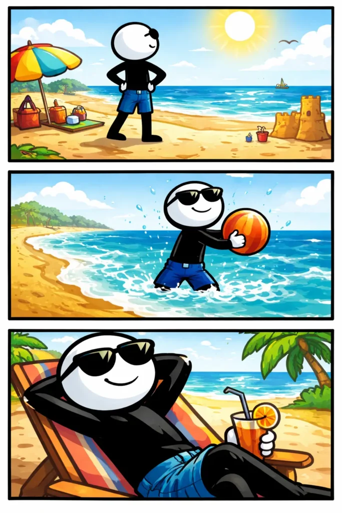 Toonwords-stripafbeelding van Stranddag met een stickman die in drie panelen een ontspannen dag aan zee beleeft.