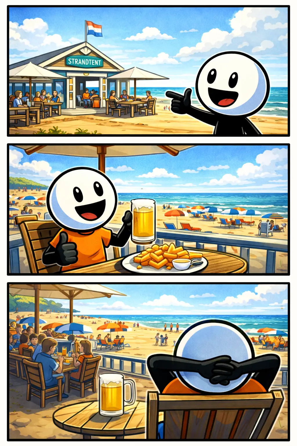 Stripafbeelding van een stickman bij een strandtent aan zee in Nederland met strandstoelen, parasols en uitzicht op de zee.