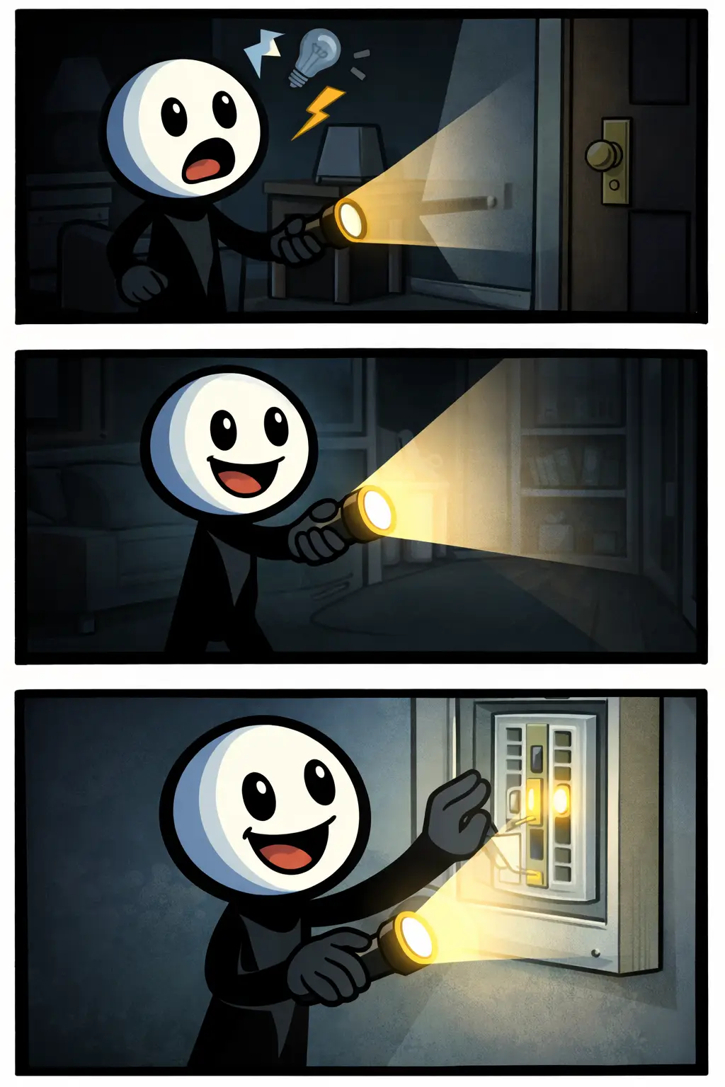 Stickman zoekt met een zaklamp zijn weg tijdens stroomuitval in Toonwords-stijl bij het woord stroomuitval.