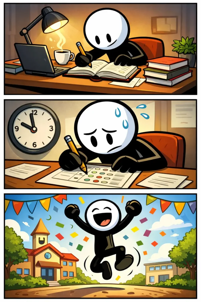 : Stripafbeelding in Toonwords-stijl van een stickman die bezig is met studie, met gevoelens van concentratie, twijfel en opluchting.