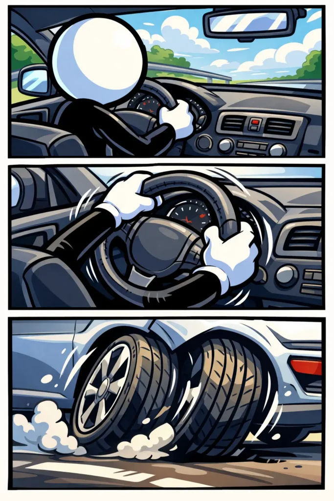 Toonwords-strip met een stickman die het stuur vasthoudt, eraan draait en waarbij de voorwielen meedraaien, als visuele uitleg van het woord stuur.