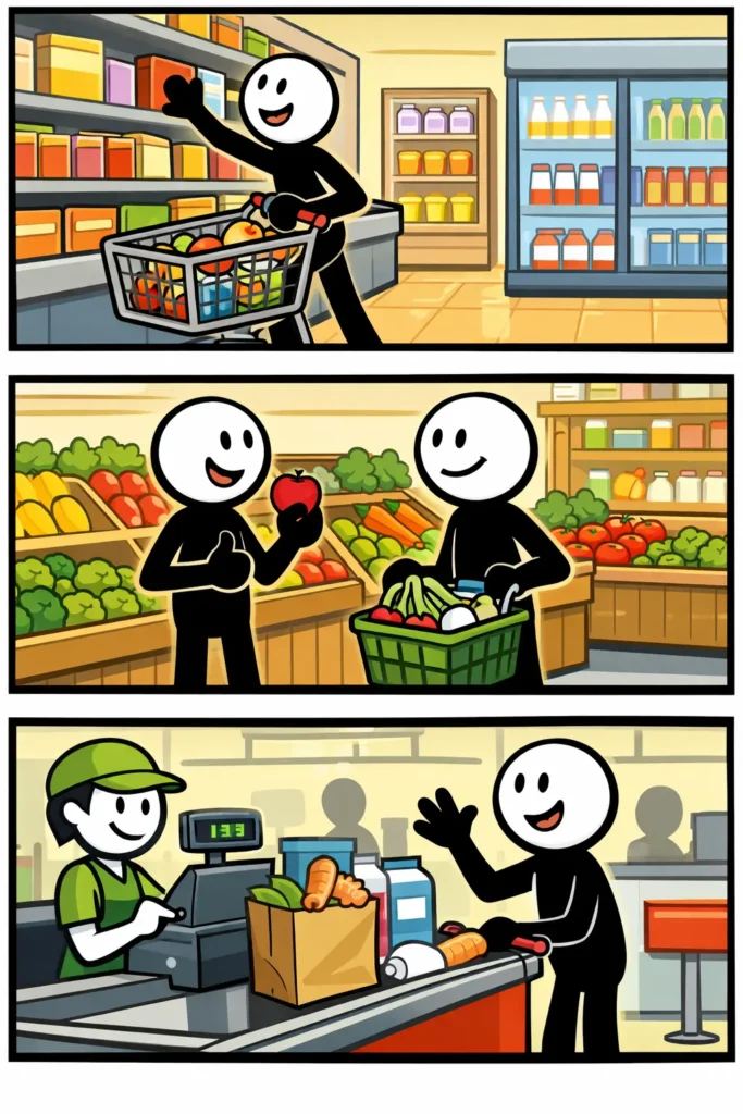 Een stickman loopt door een supermarkt terwijl het woord supermarkt duidelijk wordt uitgebeeld.