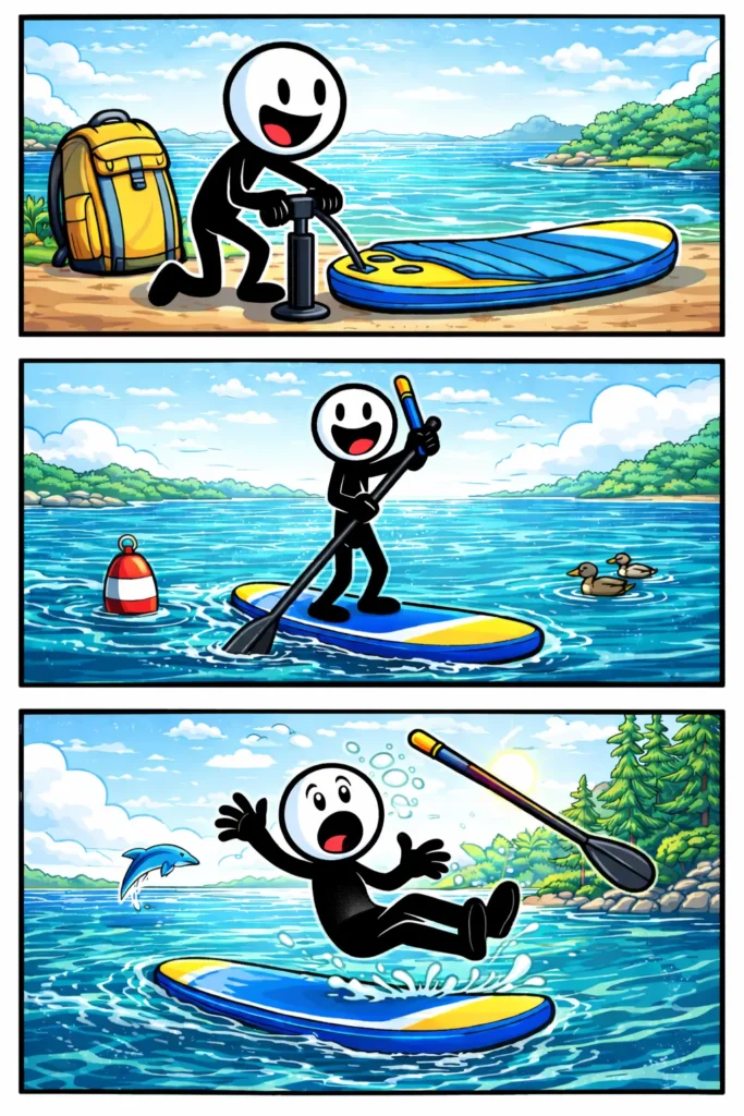 Stripafbeelding met drie panelen van een stickman in Toonwords-stijl die gaat suppen en onhandig van de plank valt.