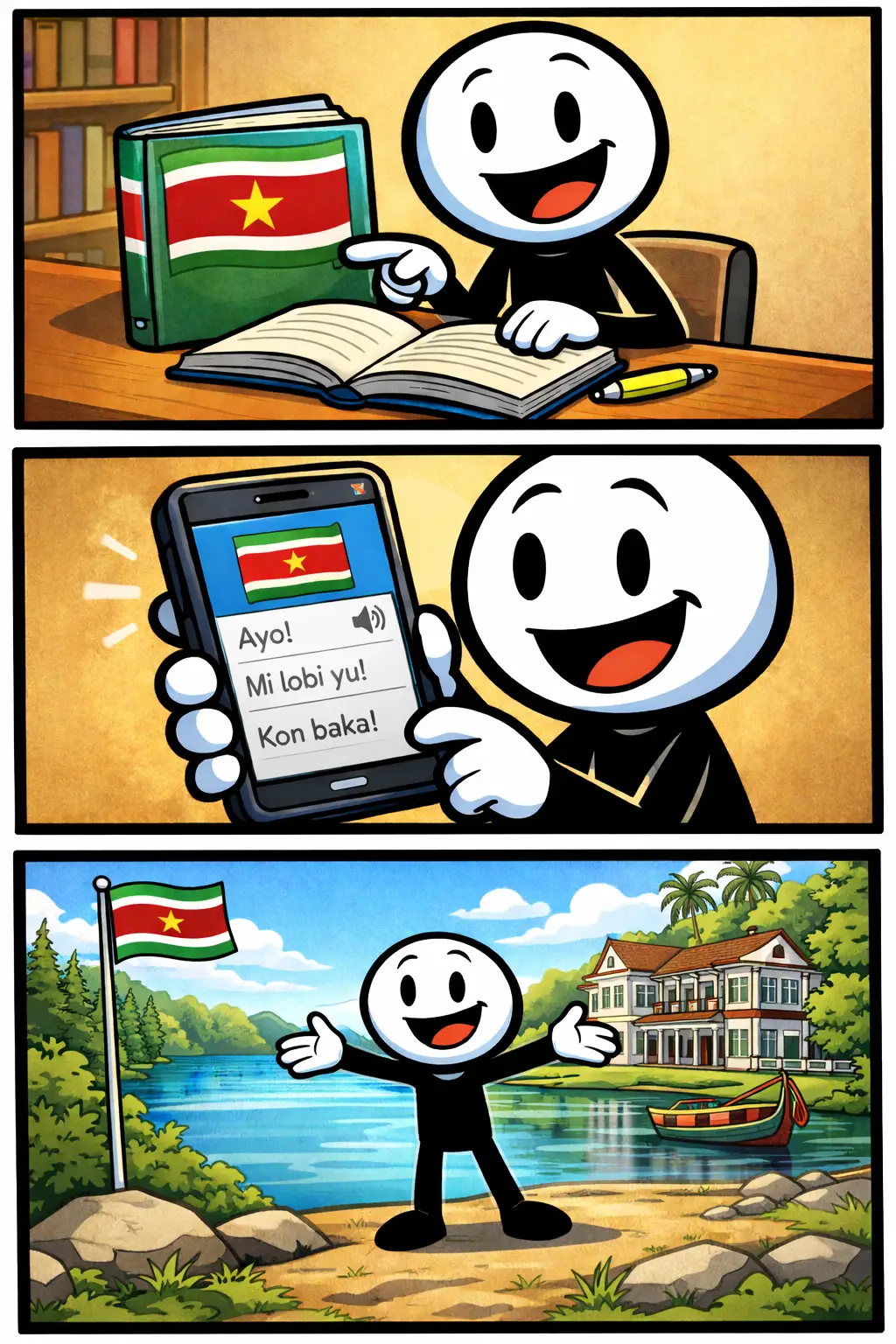 Een vrolijke stickman in drie panelen die het leren van Surinaams uitbeeldt: een studieboek met Surinaamse vlag, een taal-app en een tropisch Surinaams landschap.
Wan fesi sma ini drifri panel dati e leiri Sranantongo: wan buku nanga Sranan fesi, wan tongo-app nanga en wan tropisk lanti-ografi.
