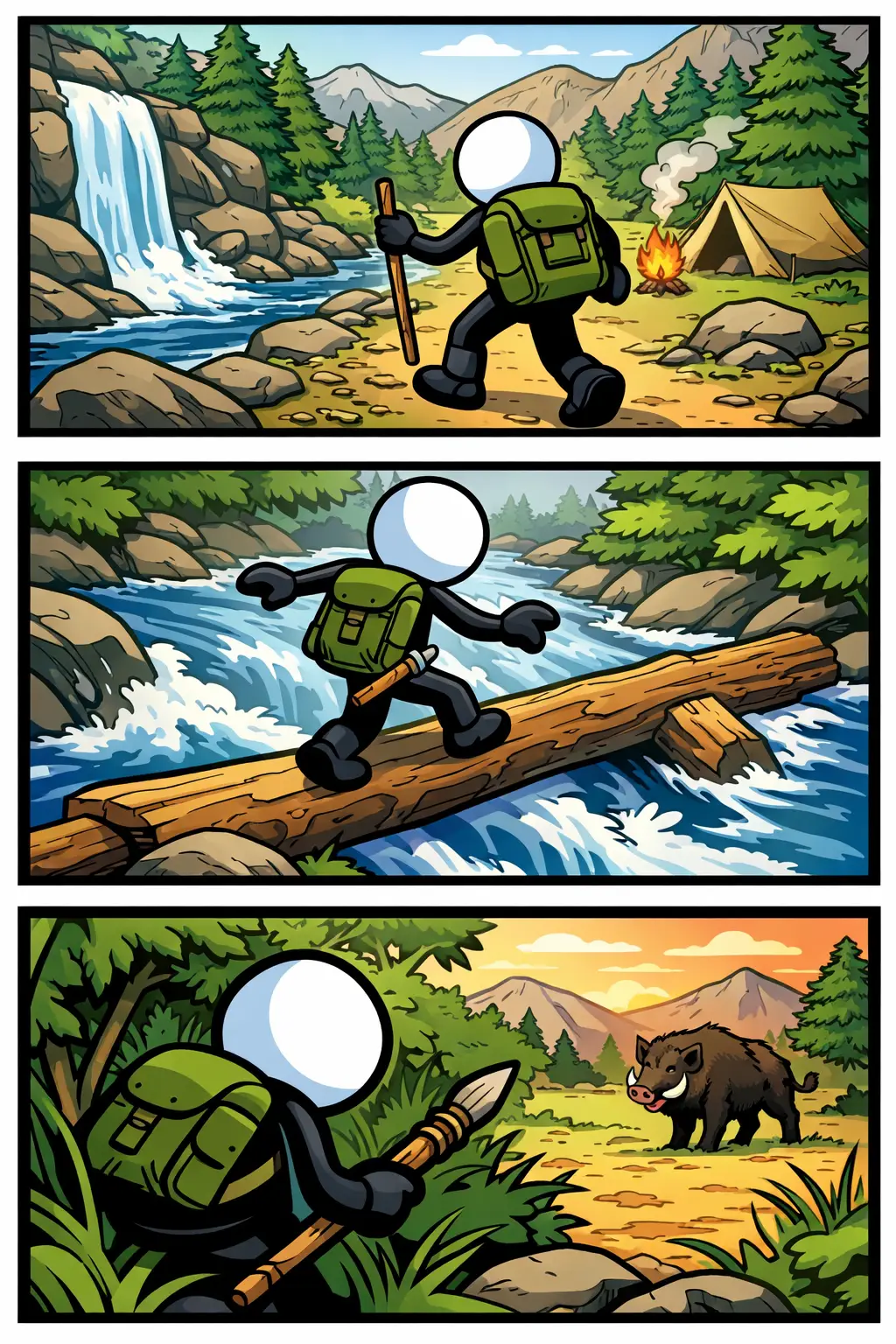 Stripafbeelding in Toonwords-stijl van een stickman tijdens een survivaltocht in de natuur.