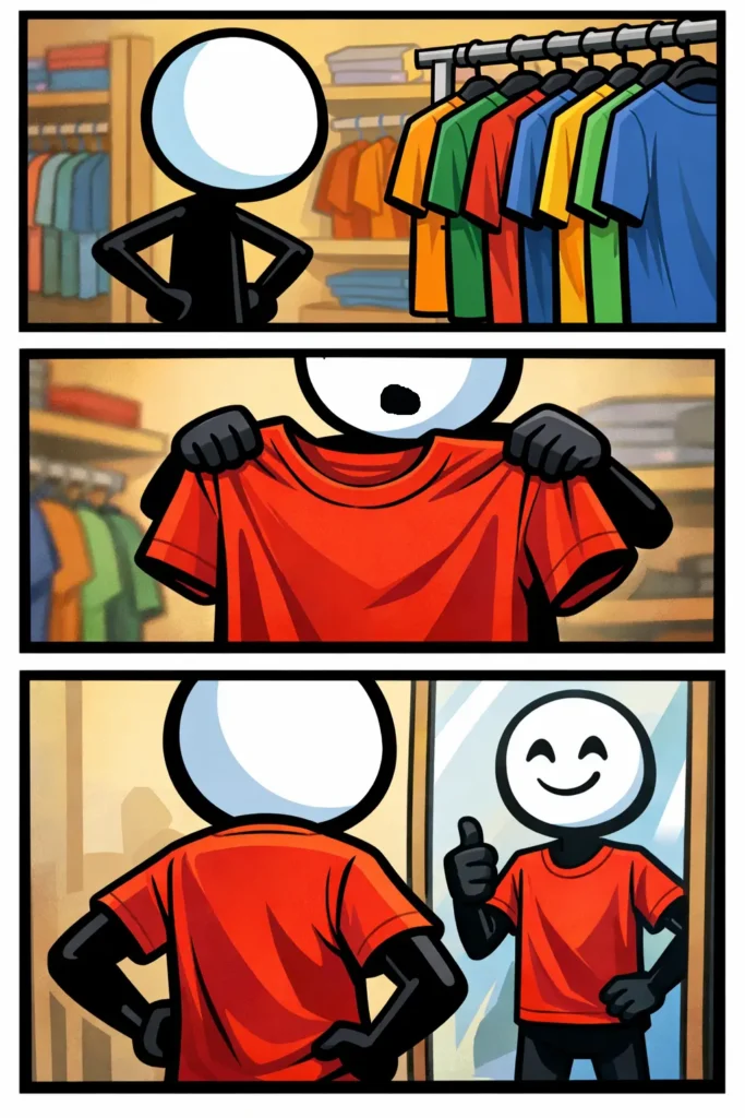 Stickman met witte kop en zwart lichaam bekijkt en draagt een rood T-shirt in drie strippanelen in Toonwords-stijl.