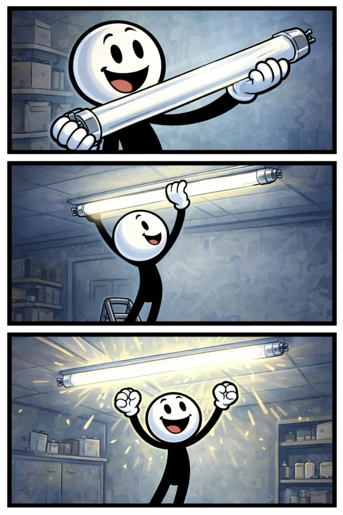 Toonwords-strip met een stickman onder een TL-balk die een ruimte gelijkmatig verlicht.