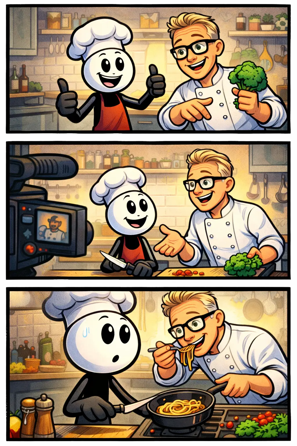 Stickman als TV-kok in drie panelen – het Toonword tv-kok. Krijgt les van Rudolph.