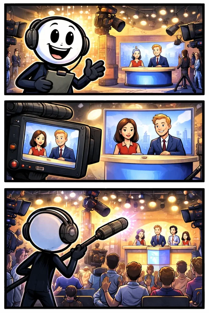 Stickman in drie panelen die een tv-studio verkent – het Toonword tv-studio.