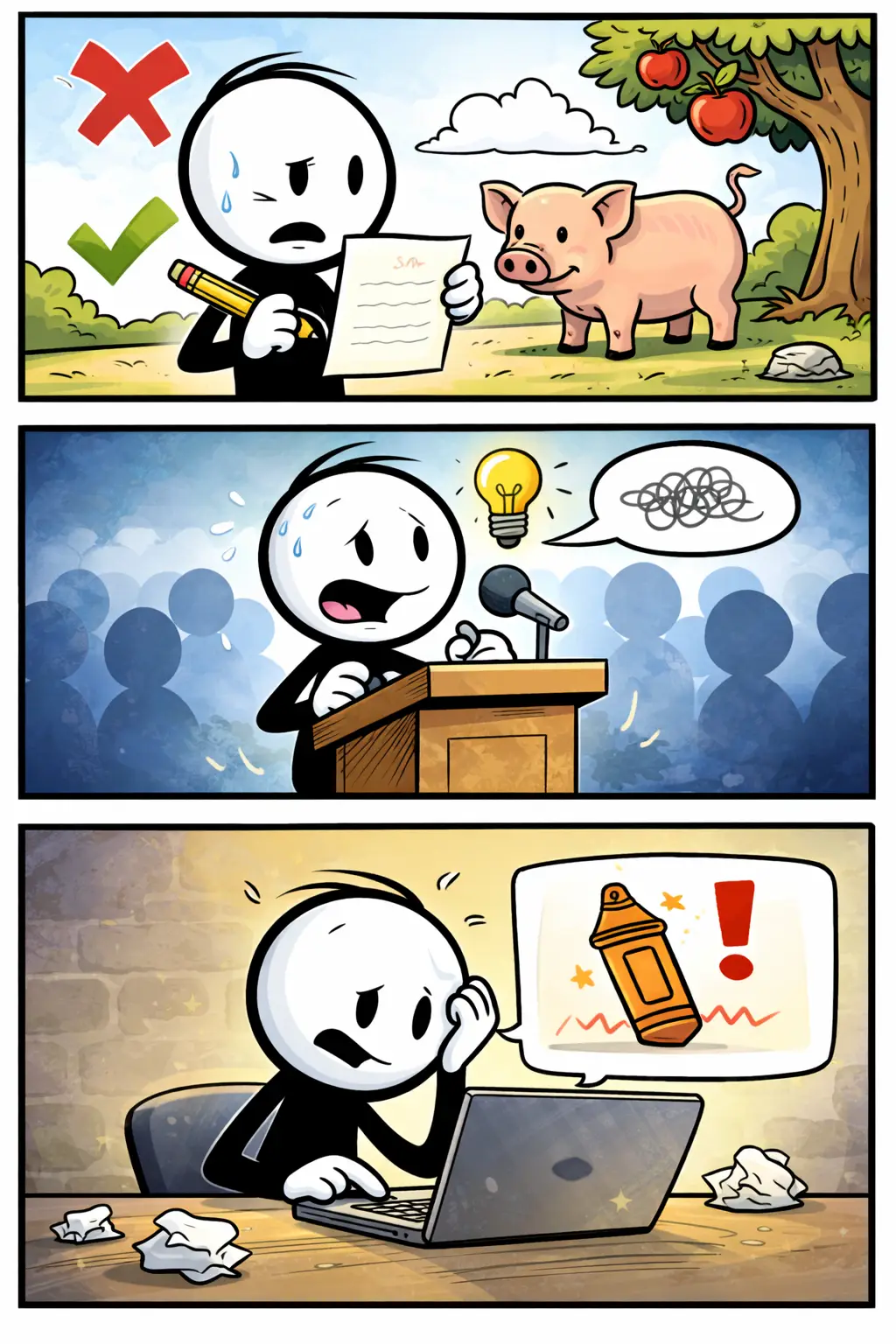 Stripafbeelding met drie panelen van een stickman in Toonwords-stijl die een taalfout maakt, twijfelt en weer verder leert.