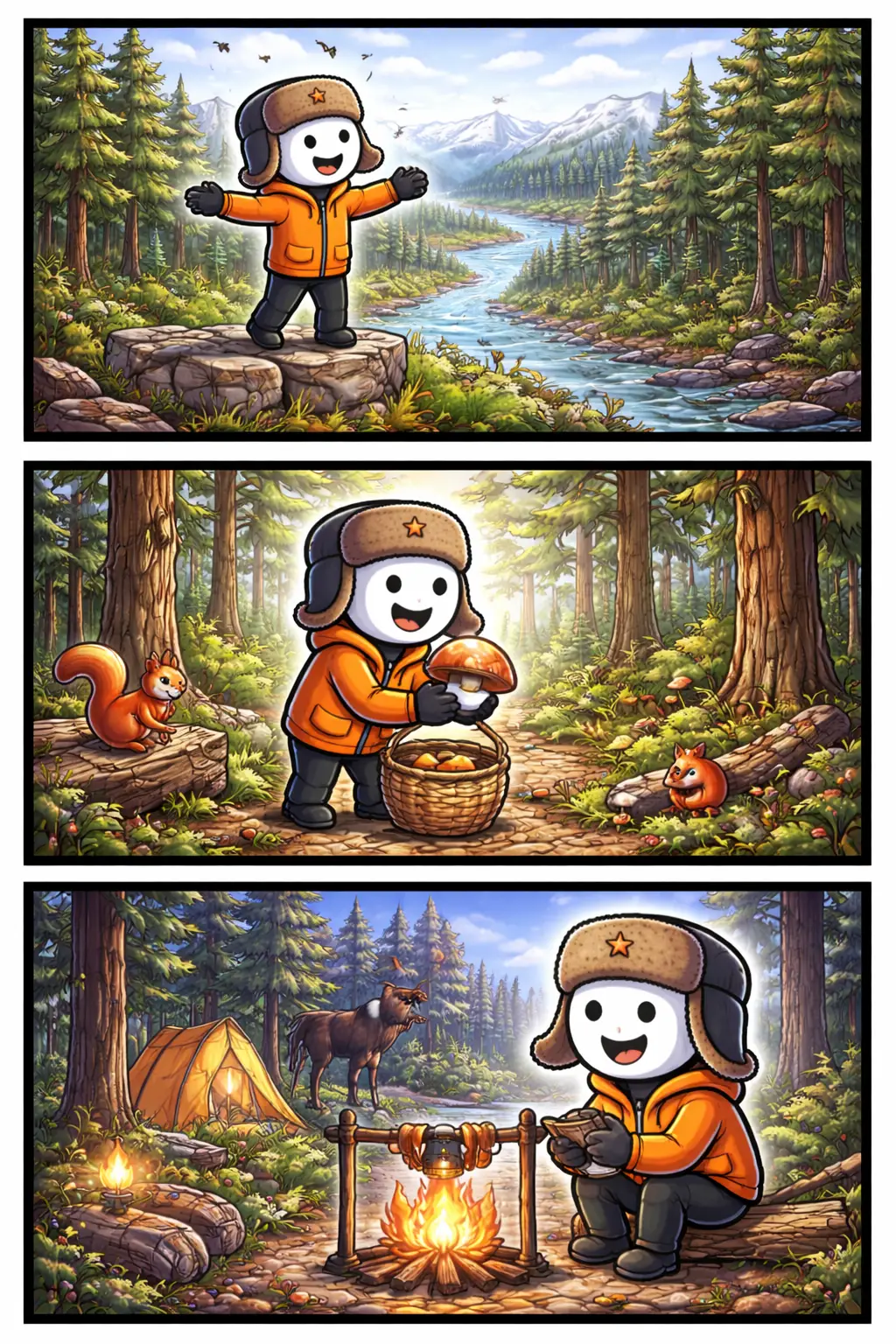 Stickman in Toonwords-stijl tussen hoge naaldbomen in een besneeuwd taigalandschap, met het woord Taiga als thema.