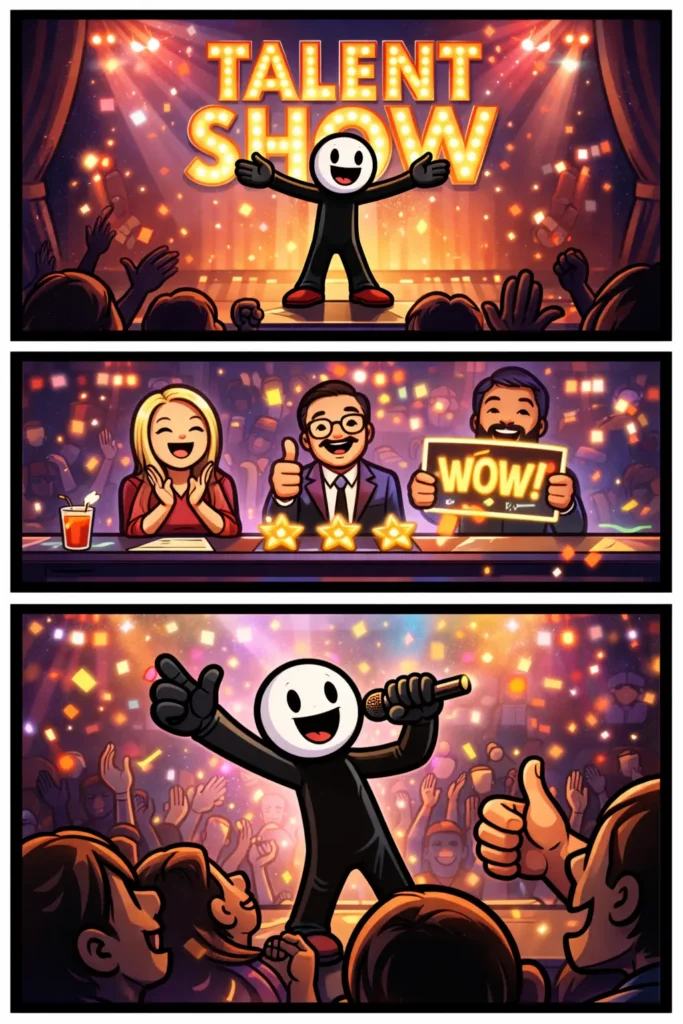 Stickman staat op een podium tijdens een talentenshow in Toonwords-stijl met applaus en licht.