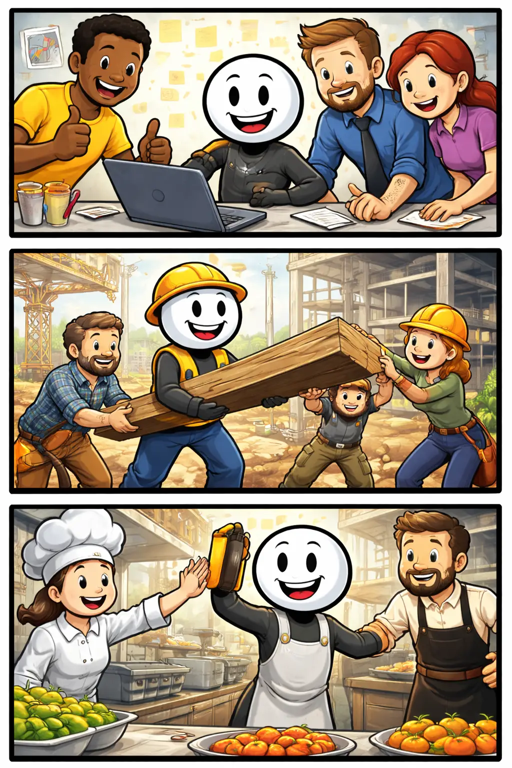 Stickman in drie panelen die teamwerk laat zien — toonword teamwerk.