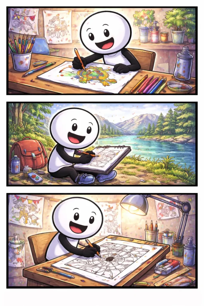 Drie-panelen stripafbeelding in Toonwords-stijl van een stickman die aan het tekenen is, zowel binnen als buiten, met potlood en papier, passend bij het Nederlandse woord Tekenen.