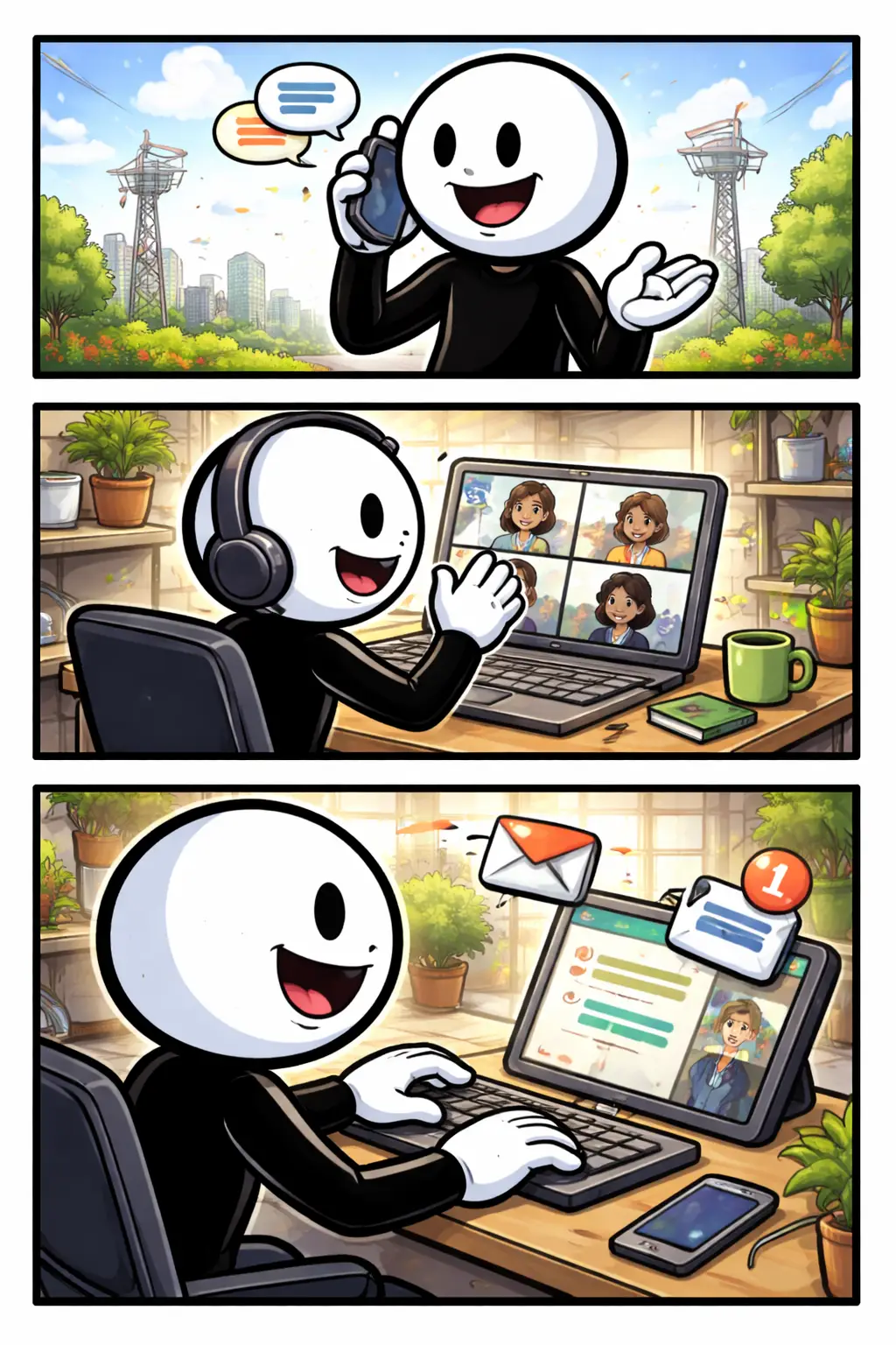 Toonwords-strip met een stickman die via verschillende apparaten communiceert, als beeld voor telecommunicatie.