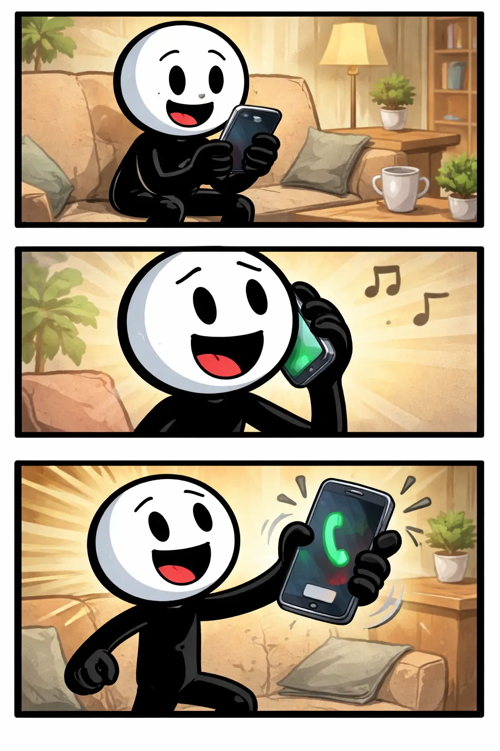 Stickman met telefoon in de hand die het concept van het woord telefoon uitbeeldt in Toonwords-stijl.