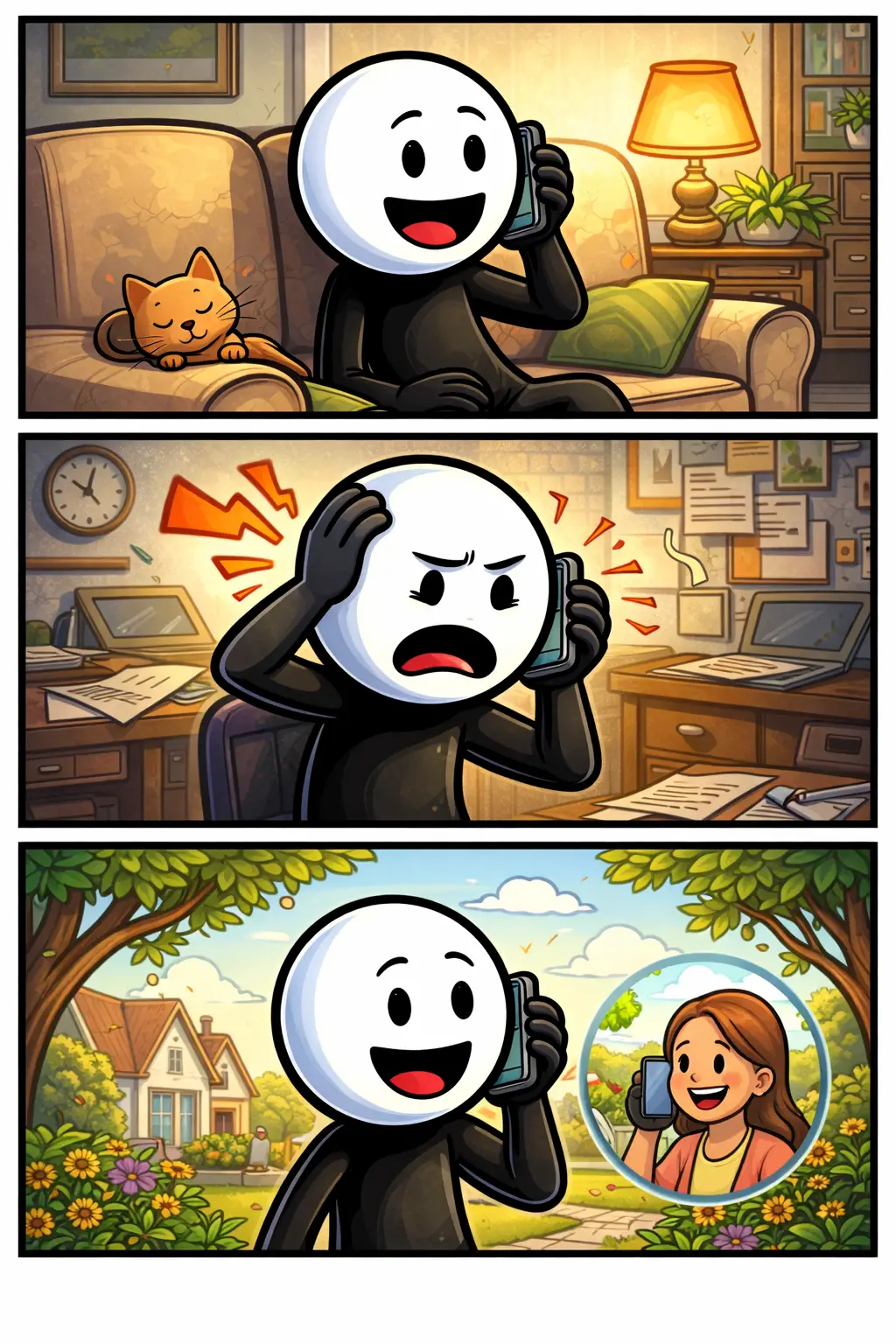 Stripafbeelding in Toonwords-stijl van een stickman die een telefoongesprek voert, met een telefoon aan zijn oor en verschillende emoties tijdens het gesprek.