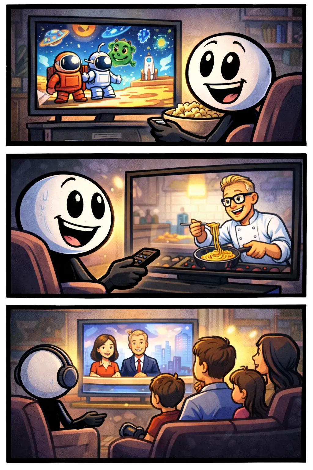 Stickman die in drie panelen televisie kijkt – het Toonword televisie.