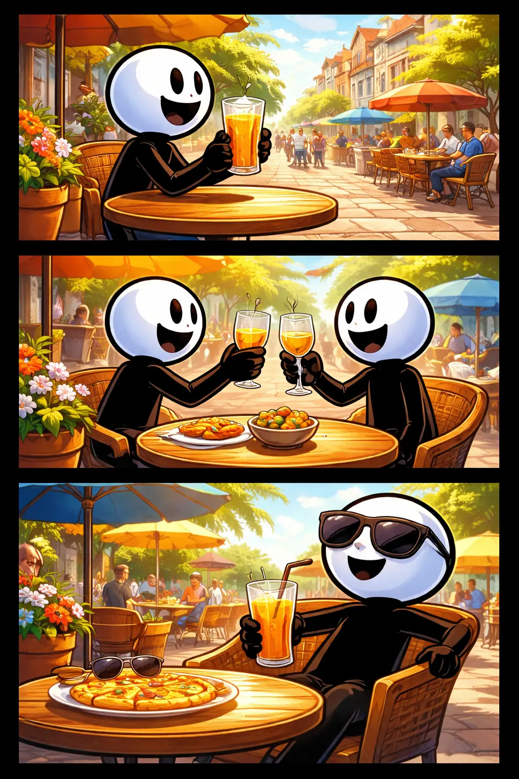 “Toonwords-strip van terrasje pakken met een stickman die buiten op een terras zit met een drankje.”