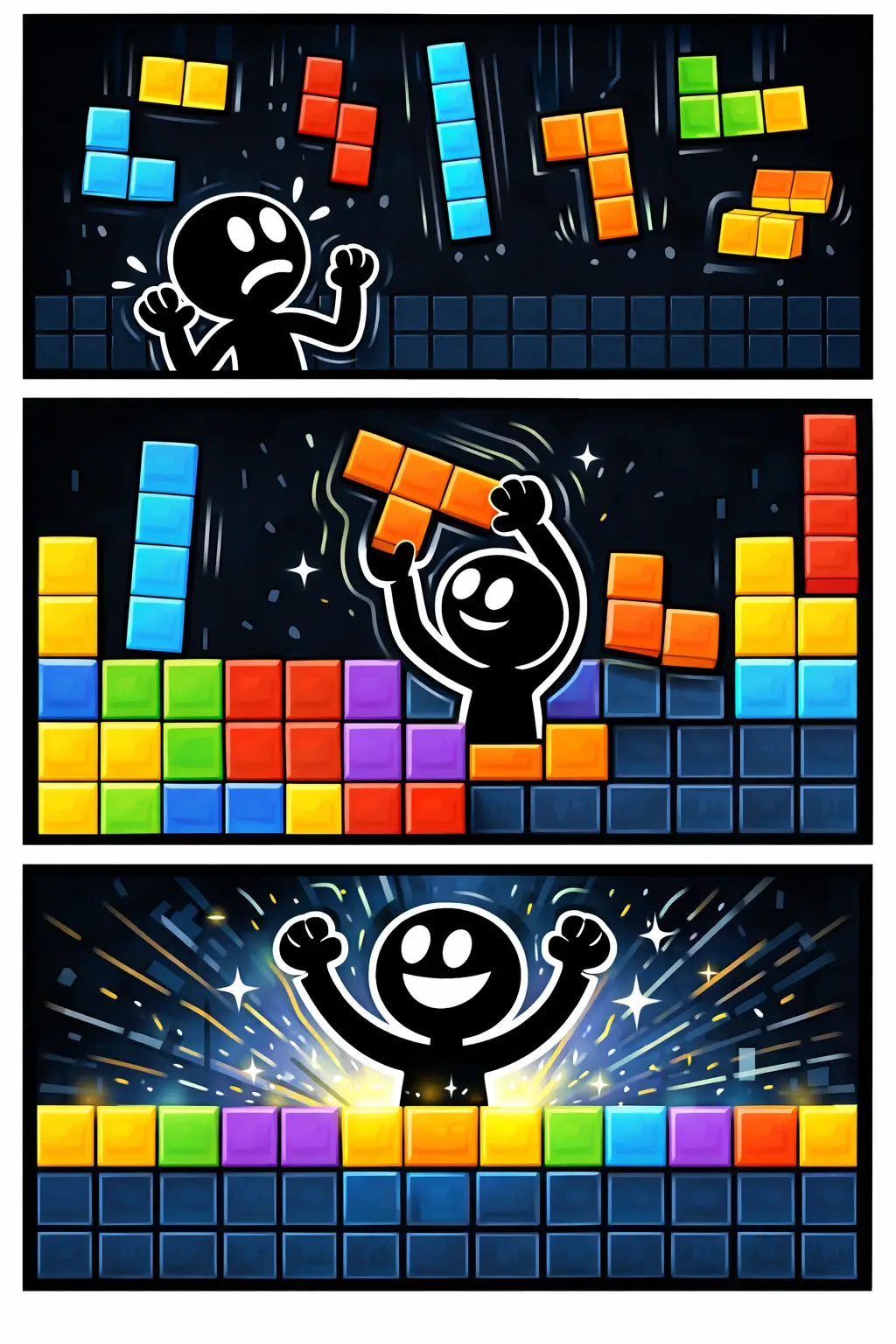 Driepaneel-strip met stickman in Toonwords-stijl die vallende blokken ordent in het spel Tetris.