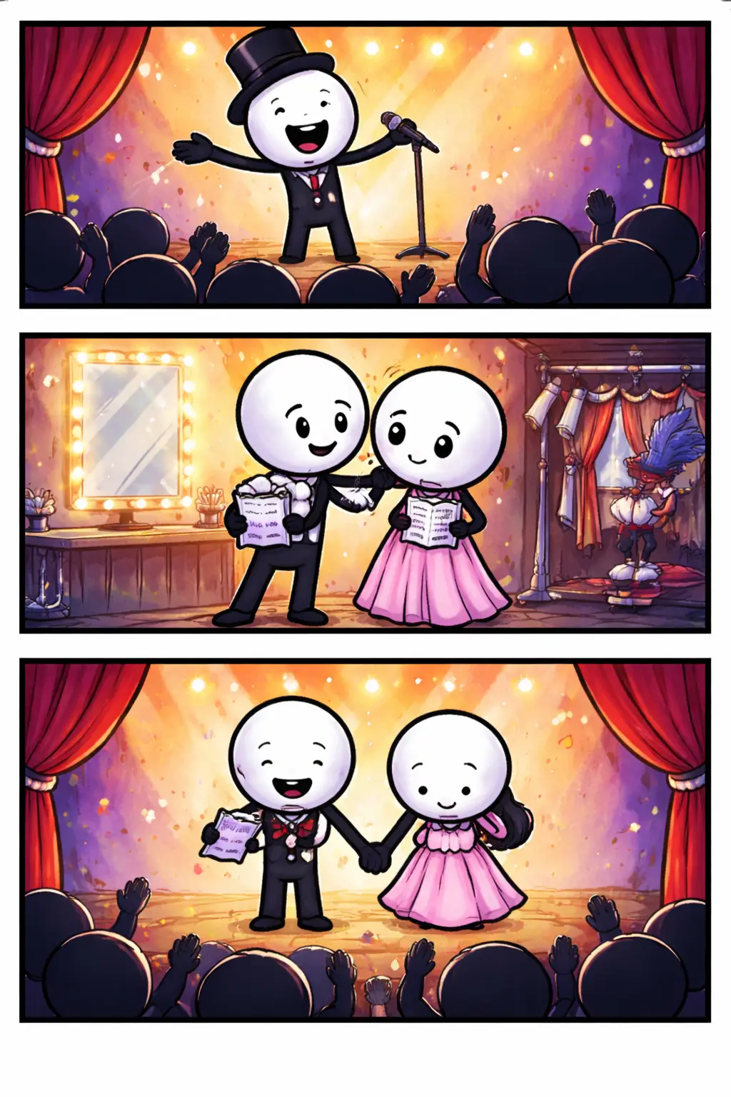 Strip met drie panelen van stickman in Theater-setting op podium en backstage.