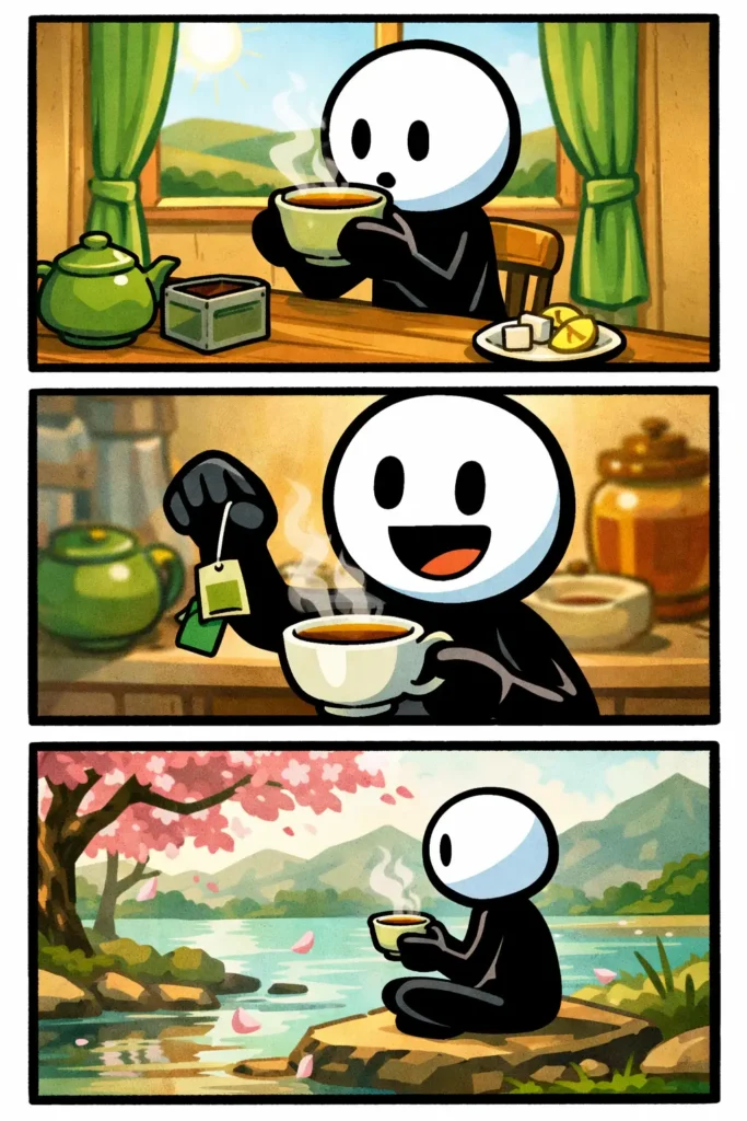 Stickman die thee drinkt met een kopje in de hand in drie panelen, passend bij het Nederlandse woord “Thee”.