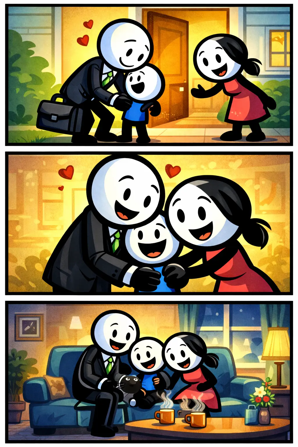 Stripafbeelding met drie panelen over Thuiskomen, waarin een gezin elkaar thuis verwelkomt en samen tot rust komt.