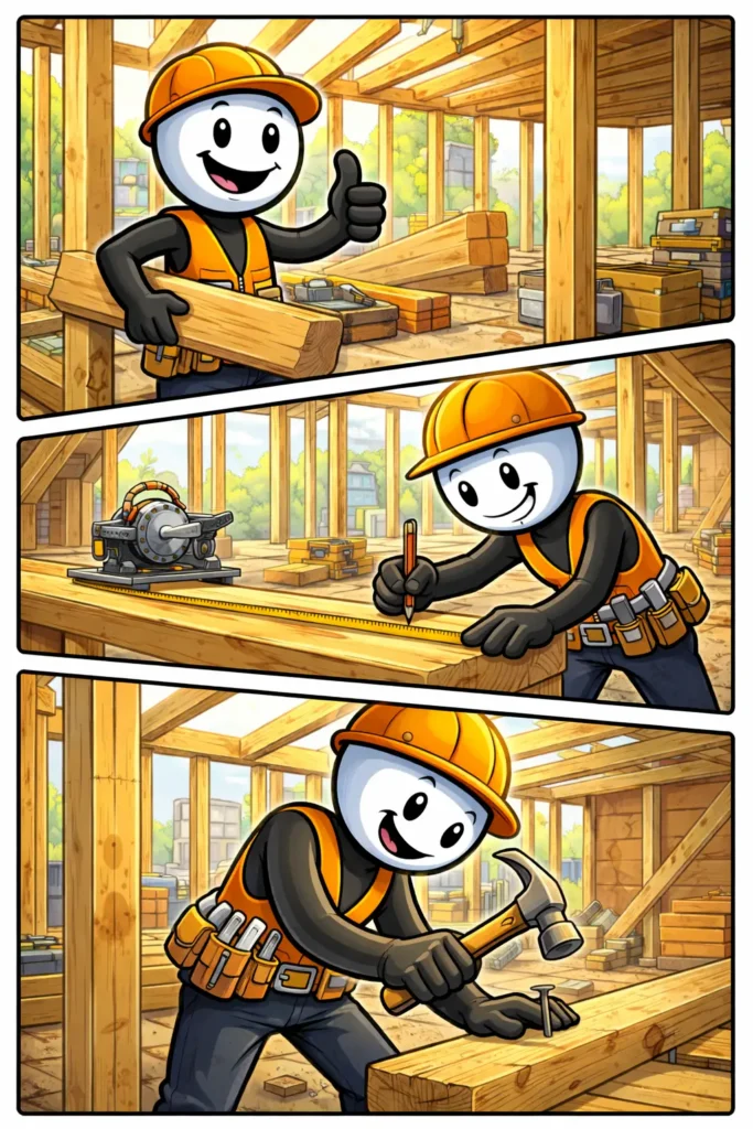 Toonwords-stripafbeelding van een stickman als timmerman Rob die met een hamer een spijker in hout slaat, bij het Nederlandse woord Timmerman.