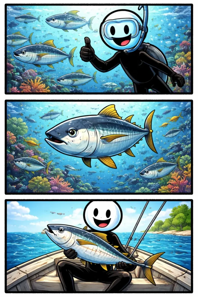 Tonijn die door helder blauw oceaanwater zwemt met andere vissen op de achtergrond.