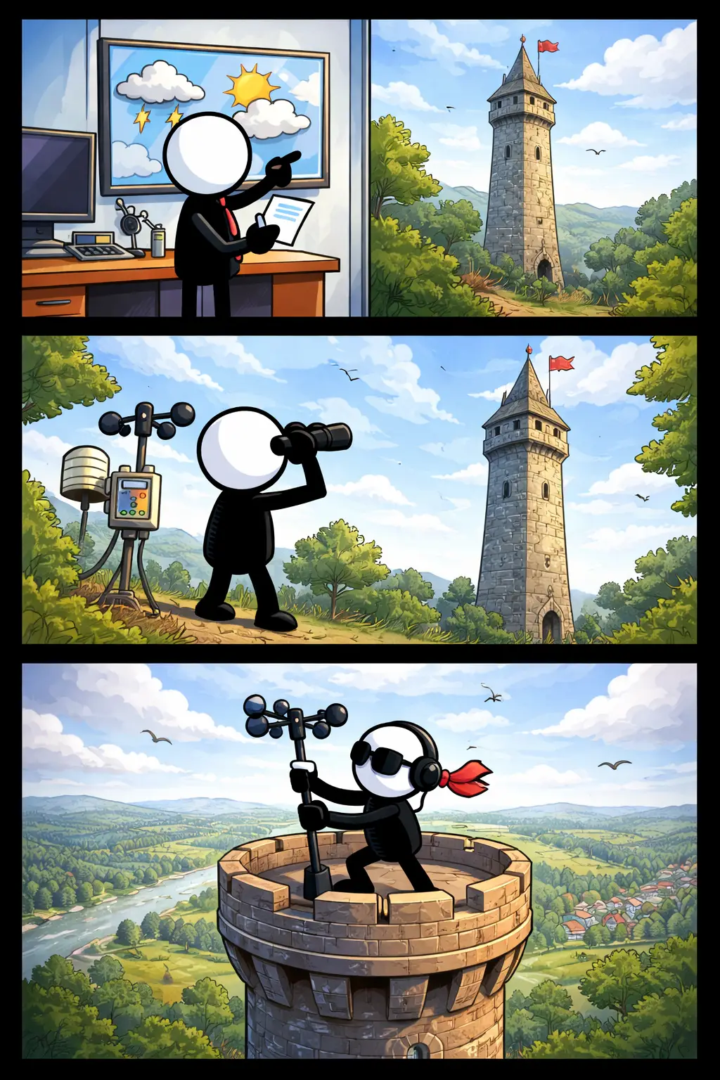 Toonwords-strip met een stickman als meteoroloog bij een hoge toren die duidelijk boven de omgeving uitsteekt.
