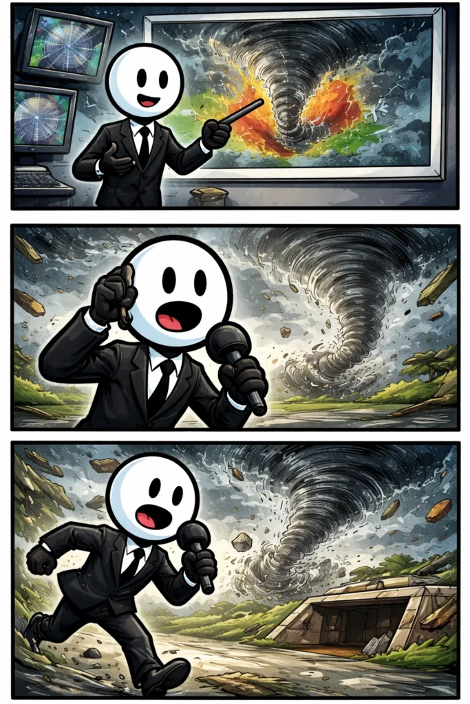 Toonwords-strip met een stickman als meteoroloog die een naderende tornado volgt en waarschuwt voor het extreme weer.