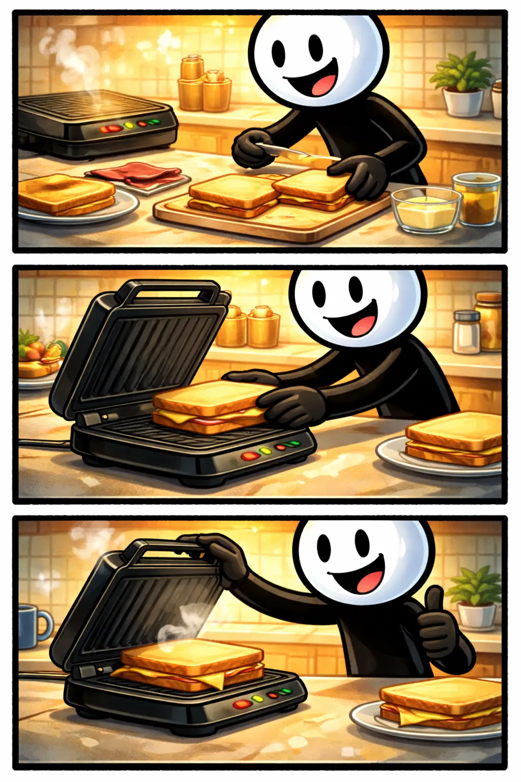 Stickman die een tosti-ijzer gebruikt met een knapperige tosti erin, passend bij het woord tosti-ijzer.